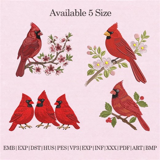 Cardinal Bird Embroidery Design Bundle, Red Cardinal on Branch With Flowers, Realistic Bird Machine Embroidery Files - Etsy