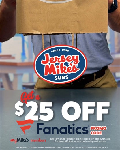 There's still time to earn sports gear ⚾🏈🏀️⚽️️. MyMike's members can earn a $25 Fanatics promo code on in app purchases of at least $25 that include both a chip and a drink. Offer valid through 6/30/24 | Jersey Mike's Subs