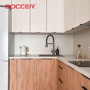 [Hot Item] Woodgrain Hygienic Particle Board Kitchen Cabinet with Recessed LED Strips