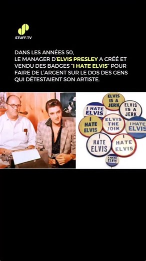 Stuff TV on Instagram: "🎸🧷 Dans les années 1950, la haine d’Elvis est elle aussi devenue un produit dérivé. Face aux critiques et aux réactions hostiles qu’il suscitait, son manager Colonel Tom Parker a fait vendre des badges « I Hate Elvis » en plus des produits classiques. L’idée était simple : même ceux qui détestaient Elvis Presley devaient participer, malgré eux, à son succès commercial. Ces badges ont réellement existé et s’inscrivent dans la stratégie agressive de merchandising mise en 