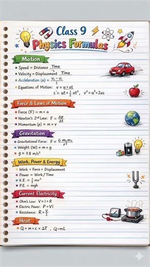 "Class 9 Physics: All important formulas in one frame! 🚀📚"#learning