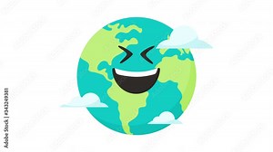 Animated colorful earth character globe emoji. Sustainable living concept. Friendly kawaii earth character motion graphic design. Eco friendly, save ecology, Earth day concept. World map globe. Earth Stock Video
