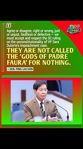 SUPREME COURT RULING SA IMPEACHMENT NI VP SARA, DAPAT IGALANG — PING LACSON Nanindigan si Senate President Pro-Tempore Panfilo “Ping” Lacson na dapat tanggapin at igalang ng lahat ang naging desisyon ng Korte Suprema kaugnay sa pagbasura ng impeachment case laban kay Vice President Sara Duterte. Ayon kay Lacson, “Agree or disagree, right or wrong, just or unjust, faultless or defective — we must accept and respect the SC ruling on the unconstitutionality of VP Sara Duterte’s impeachment case.” B