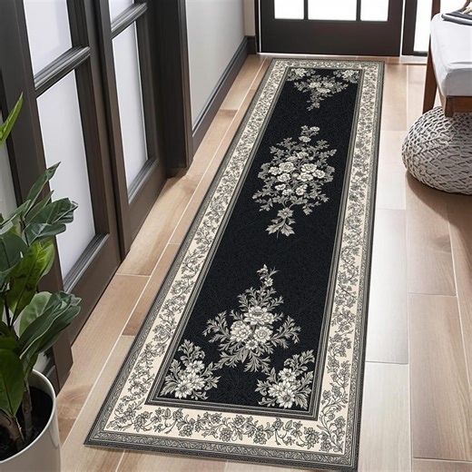 Black White Floral Runner Rug, Vintage Classic Hallway Rug, Elegant Victorian Style Carpet, French Country Decor Runner, Narrow Entryway Rug - Etsy