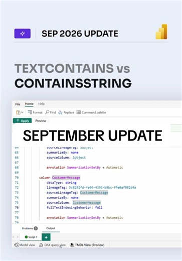 New in the September 2026 Power BI Update - TEXTCONTAINS vs CONTAINSSTRING 🙌🤩 Very excited about this one! All the qualitative analytics that was hardly possible/visible in Power BI finally gets the spot to shine too. 💛 Still in Preview ✌️ #powerbi #powerbiupdate #analytics #data