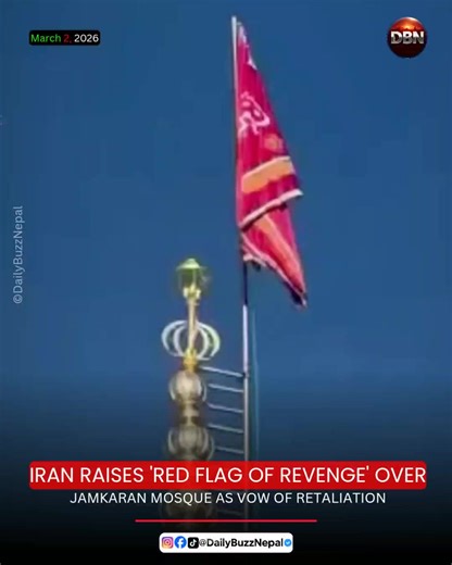 Iran Raises “Red Flag of Revenge” Over Jamkaran Mosque, Signals Retaliation After Killing of Supreme Leader In a striking and symbolic move that has captured global attention, Iran has raised a red “flag of revenge” above the dome of the Jamkaran Mosque — one of the most significant Shia religious sites in the country — following the reported assassination of Iran’s supreme leadership in a joint U.S.–Israel airstrike. � The crimson banner, known in Shiite tradition as a sign of vengeance for spi