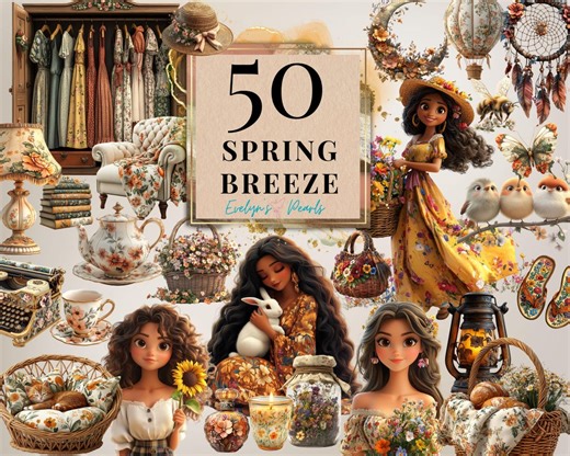 Spring Breeze Clipart Boho Spring PNG Neutral Cottagecore Clipart Springtime PNG Scrapbooking, Digital Stickers PNG | Commercial Use Clipart - Etsy