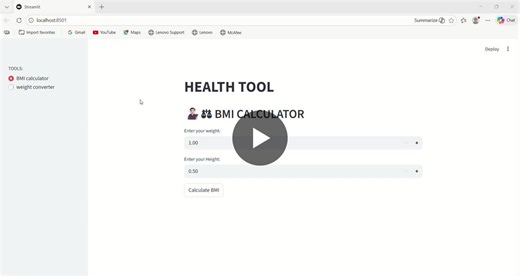 Excited to share my project: a Health Tool application built entirely with Streamlit and Python. Features: BMI Calculator: Takes weight and height, computes BMI, and provides a health status… | JIFFRIN INSAF P