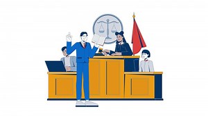 sala de justicia juicio con juez, abogado y testigo dibujos animados animación. Corte caso. legal actas. judicial autoridad abogado animado plano 2d caracteres 4k aislado en blanco, escena cuentacuentos