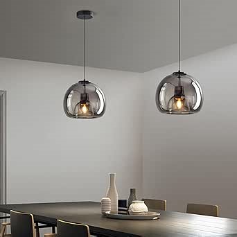 MIXL-Modern Pendant Light Kitchen Island,Smoked Glass Pendant Light Fixture,Black Globe Island Lights,Mid Century Modern Hanging Lamp for Study Room Office