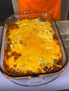 Life-changing pasta chili, mozzarella & wieners manicotti