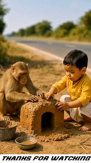 A monkey & child built their dream mud house 😭 #AI #monkey #baby #reelsvideo #trendingreelsvideo | KIDS TV