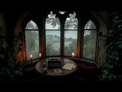 Rainy Window Writing Room Ambience with Dark Academia Piano & Violin | Study Music for Deep Focus