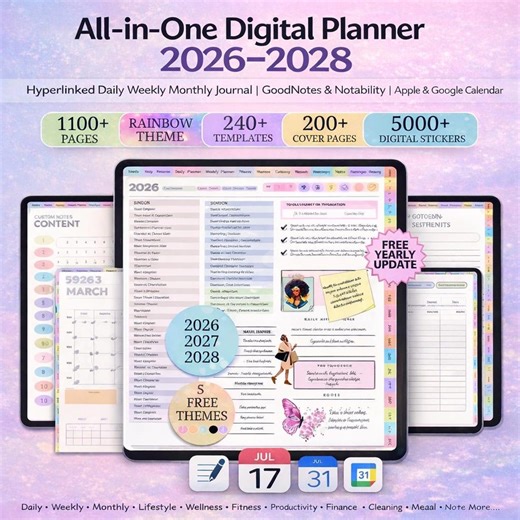 All-in-one Digital Planner 2026–2028 | Hyperlinked Daily Weekly Monthly Journal | Goodnotes | Notability | Apple & Google Calendar - Etsy