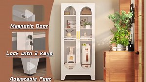 GAIOUS 47" Tall Metal Curio Cabinet, Display Storage Cabinet with Glass Door, 4 Tier Liquor Cabinet with 3 Adjustable Shelves, Locking Glass Display Case for Collectibles, Showcase Cabinets, White