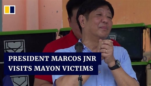 Mt Mayon eruption evacuees are paid a visit by Philippine President Marcos Jnr