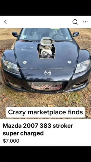 Crazy marketplace finds on Instagram: "Would you buy this 2007 Mazda with a supercharged 383 stroker? Got a Marketplace find worth sharing? Drop us the link in a message. This 2007 Mazda RX-8 has been converted into a V8-powered, supercharged project car built strictly for track use. The factory rotary engine is gone, replaced with a 383-cubic-inch stroker V8 topped with a belt-driven supercharger that sits high enough to require a cut-out section in the hood. The blower scoop and exposed engine