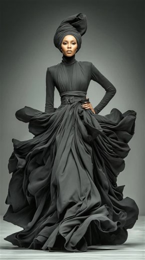 This sculptural black masterpiece flows like liquid architecture. Equal parts strength, elegance, and untamed movement. #runwayready #aifashion #blackexcellence #aibeauty