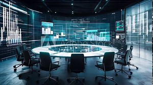 Futuristic round conference room with digital displays and advanced technology for data analysis, business meetings, and virtual collaborations in a high-tech environment