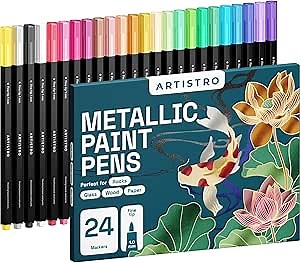 ARTISTRO 24 Metallic Acrylic Paint Markers - Fine Tip Paint Pens for Rock, Wood, Glass, Ceramic, Black Paper, Scrapbooking Crafts, Card Making, DIY Photo Album, Ceramic
