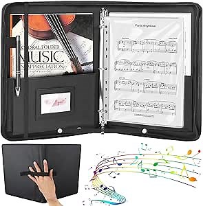 Sheet Music Folder, 13"x10.2" Choral Muisc Folder with Hand Strap, 3 Ring Music Folder with 30 Music Binder Bag Black PU Leather Choir Folders for Marching Band Piano Fits Letter Size 8.5x11 Inch