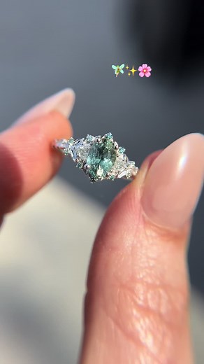 Custom Briar Rose Three Stone Engagement Ring with Montana Sapphire