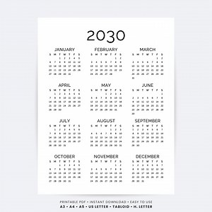 2030 Yearly Calendar Printable One Page | Full Year at a Glance Minimalist PDF | Monday & Sunday Start A4, US Letter, Tabloid, A3 Calendar - Etsy