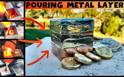 [bigstackd casting] 5个分层立方体铸造-nordic gold gronze -金属熔化-coin castin