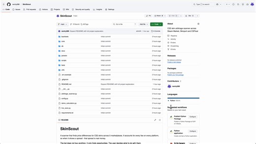 8 open source repos to take 8% off the $8 billion CS2 skin market.https://t.co/pwUEwrL5eu -> async scanner across 5 marketplaces in parallel. skinport, csfloat, dmarket, buff163, steam. one full scan in 4 seconds. 12 spreads, $695 potential profit per scanhttps://t.co/OONtZe9wWi -> async wrapper for skinport API via aiohttp. all endpoints. rate limiting out of the boxhttps://t.co/9ZR5xA70dA -> steam trading library. market price history since july 2014, sell/buy orders, inventory managementhttps