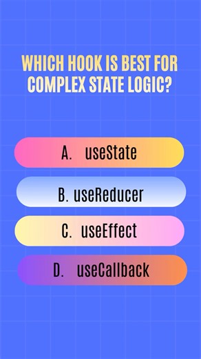 Interview Material on Instagram: "🔥 React JS Daily Quiz 🔥 Let’s test your React Hooks knowledge 👇 Which hook is best for complex state logic in React? 🤔 This one is super important for real projects & interviews 👀 👇 Comment your answer (A / B / C / D) 📌 Follow for daily React & JavaScript quizzes 👥 Tag a friend learning React #ReactJS #JavaScript #ReactHooks #FrontendDeveloper #CodingQuiz #WebDevelopment #DeveloperLife #reelit #reelkarofeelkaro #reelitfeelit #reelsintagram"
