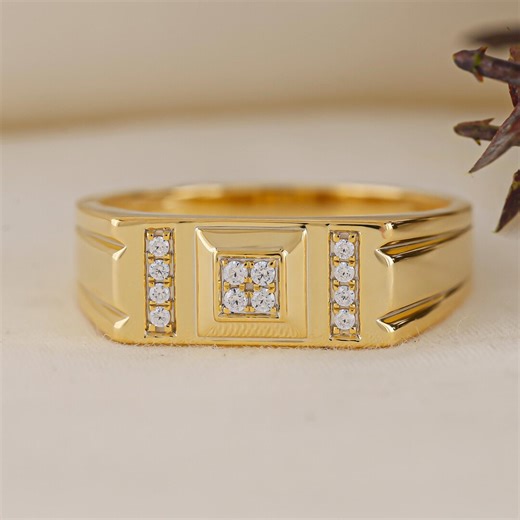 14K Gold Men’s Diamond Signet Ring | Classic Wedding Band for Him - Etsy