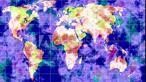 World map with global temperature changes. Global warming concept. Map of temperature and weather in different regions of the earth. Tropical cyclones, strong hurricanes, intense precipitation. Abstra