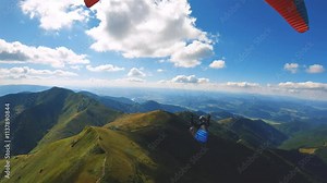 Freedom Flying above green alps mountains on paragliding wing, Free like a bird