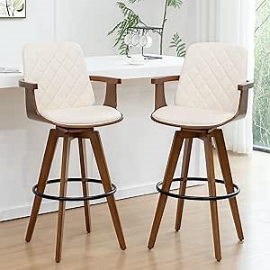 Set of 2 Bar Height Bar Stools - 30 inch Swivel Bar Stools with Curved Back and Arms, Walnut Craftsmanship, Upholstered Seat, Mid Century BarStools for Bar/ Pub/Island/Coffee (30" Seat Height, Beige)