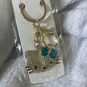 Hello Kitty Gold tone teal bow Keychain purse charm w/ key ring crab claw hook