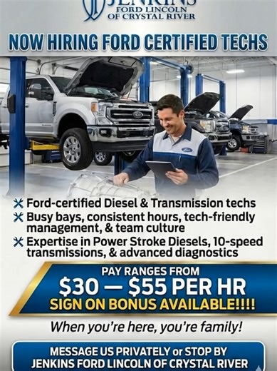 📷 NOW HIRING FORD CERTIFIED TECHS 📷 Our service department is built for Ford-certified Diesel & Transmission techs who want steady work, strong leadership, and a shop that actually respects the craft. Busy bays, consistent hours, tech-friendly management, and a team culture that keeps you moving forward — not bouncing around. If you know PowerStroke, 10-speed transmissions, driveline, and advanced diagnostics, let’s talk! 📷 Message us privately or stop by Jenkins Ford Lincoln of Crystal River