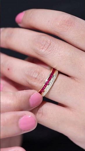 Ruby Semi Eternity Ring | Princess Cut Ruby & Diamond Band For Women