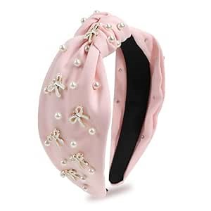 Bow Knotted Headbands for Women Girls Non Slip Pearl Top Knot Headbands Cute Wide Fashion Hair Hoops(Pink)