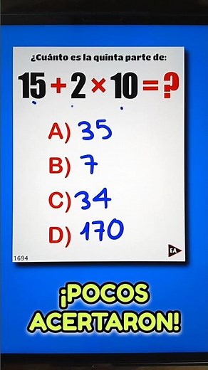 What is one-fifth of: 15 + 2 × 10 😏 Few got it right ‼️ #maths #mathematics (▶3600)