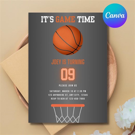 Basketball Birthday Party Invitation, Sports Theme Party, Kids Birthday, Printable Invite, Editable Canva Template - Etsy