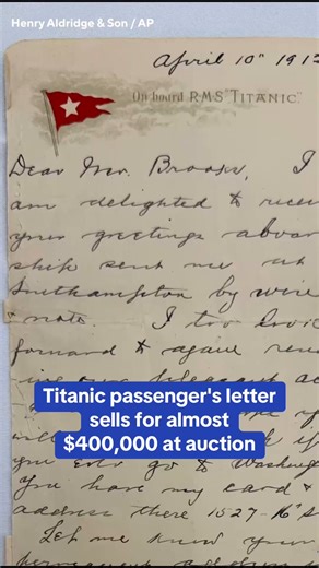 A lettercard penned by one of the Titanic's most well-known survivors from onboard the ship, days before it sank, has sold for $399,000 at auction. In the note, written to the seller's great-uncle on April 10, 1912, first-class passenger Archibald Gracie wrote of the ill-fated steamship: "It is a fine ship but I shall await my journeys end before I pass judgment on her." | CBS Evening News