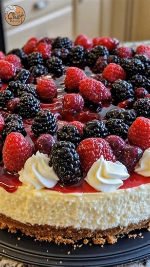 Classic Berry Cheesecake ## 🧾 Ingredients ### For the Crust: * 1 ½ cups graham cracker crumbs * 2 tablespoons sugar * 7 tablespoons butter, melted ### For the Filling: * 32 oz (approx. 910 g) cream cheese, softened to room temperature * 1 cup sugar * 2/3 cup sour cream * 1 ½ teaspoons vanilla extract * 1/8 teaspoon salt * 4 large eggs, room temperature, lightly beaten ### For the Topping: * 1 cup fresh blackberries * 1 cup fresh raspberries * Optional: simple berry glaze or coulis --- ## 👩‍🍳 