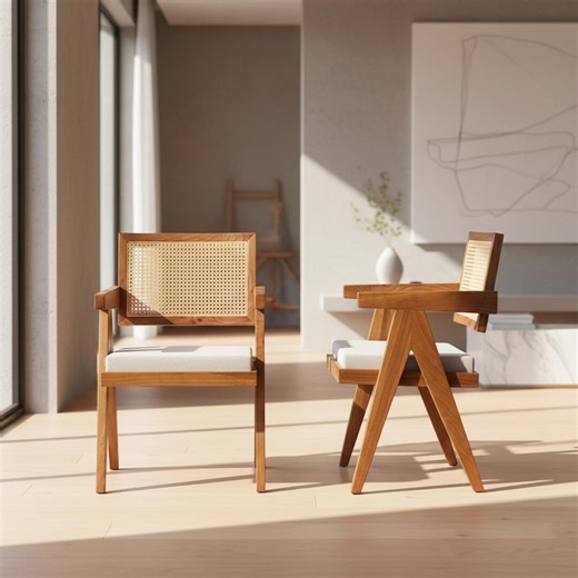 Pierre Jeanneret Dining Chairs Set of 2 Wooden Rattan Accent Office & Kitchen Chairs - Etsy