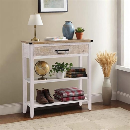 Vintage Farmhouse Console Table | 3-tier Shelves, Drawer, Washed White Finish - Etsy