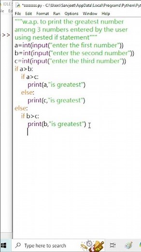 Write a python program to print the greatest of 3 numbers using nested if / 10th AI / CBSE #shorts