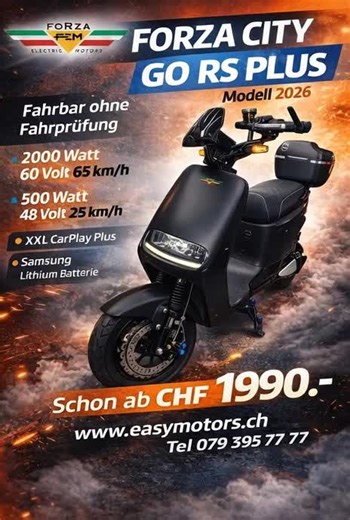 🔥 FORZA CITY GO RS PLUS – MODELL 2026 🔥 Der City-Flitzer mit Racing-DNA! 🚀 Fahrbar ohne Fahrprüfung 📱 XXL CarPlay – volle Kontrolle, voller Style 🔁 Rückwärtsgang – maximaler Komfort 🧳 Grosser Stauraum – Platz für Alltag & mehr 🏁 Racing Disc – sportlicher Look 🛣 Tempomat – entspannt unterwegs 🔑 Speedkey – Leistung auf Knopfdruck 💥 Ab CHF 1’990.– 🔥 JETZT VORBESTELLEN – OHNE ANZAHLUNG! 👉 www.easymotors.ch 📞 079 395 77 77 #Elektroroller #citygo #bern #basel #schweiz ##eroller##foryoupag