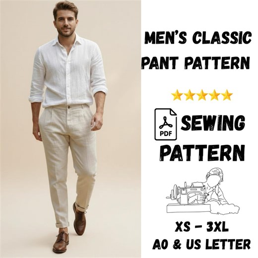 Men’s Regular Fit Pant Sewing Pattern, Classic Summer Trousers - Chino Style, XS–3XL, US Letter & A0, Digital Download - Etsy