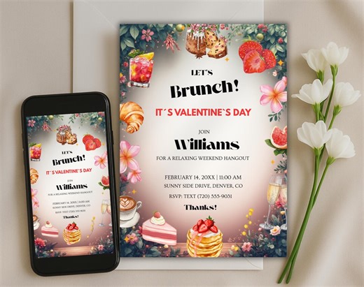Valentine's Day Brunch Invitation Template - Editable Canva Colorful Valentine Invite - Printable & Digital - Instant Download - Etsy