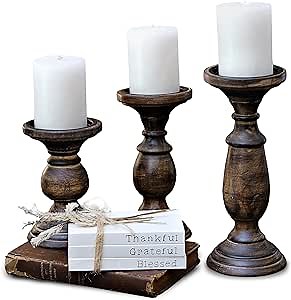 Tall Candle Holders for Pillar Candles, Rustic Candle Holders Table Centerpiece Accent, Pillar Candle Holder for Dining Table, Farmhouse Candle Holders, Wood Candle Holders for Mantel Black Dark Brown