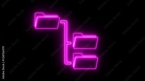Vidéo Stock neon Folder tree line icon on black background Computer network file folder organization structure flowchart. Computer network file folder organization structure flowchart. 4K Video motion